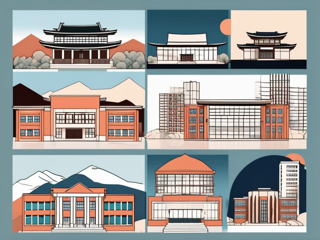 A diverse collection of ten school buildings representing different architectural styles from around the world