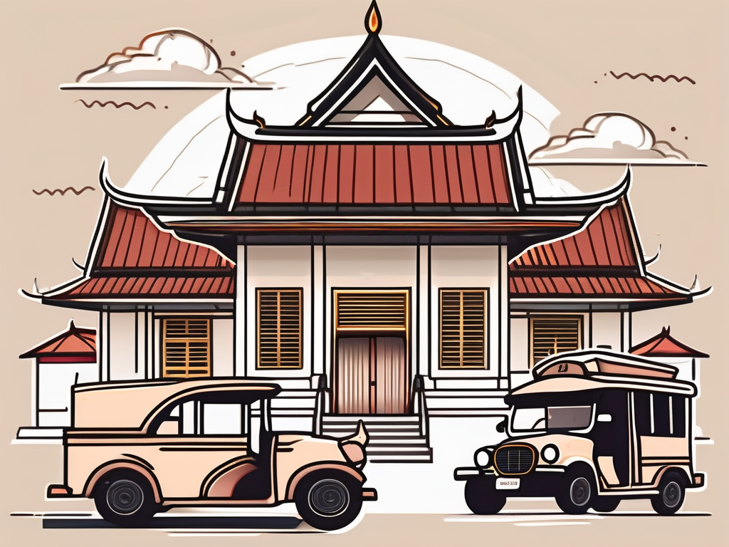 A traditional thai schoolhouse with a graduation cap and diploma in the foreground