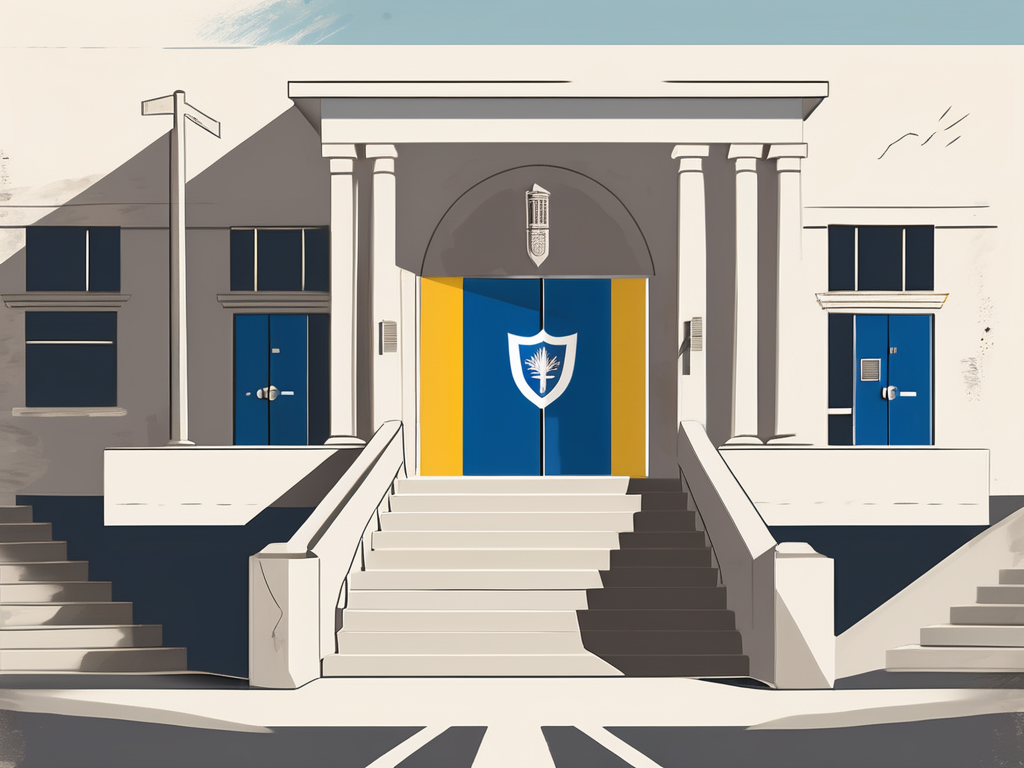 A school building with a barbados flag flying above it