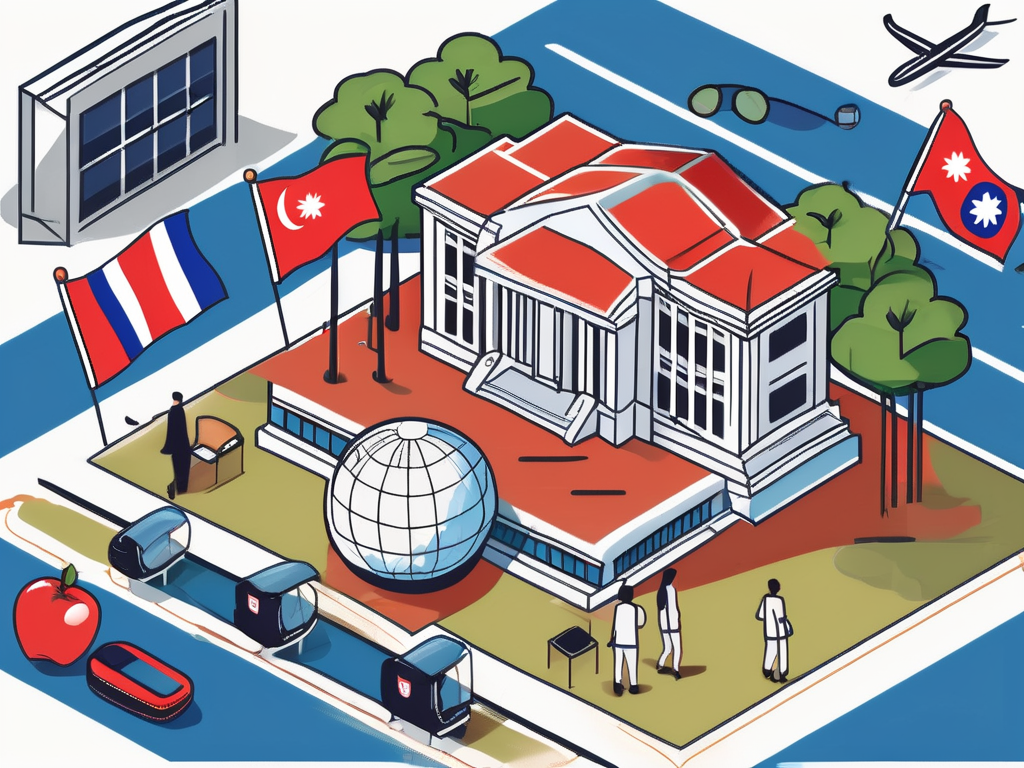 A school building with a cambodian flag