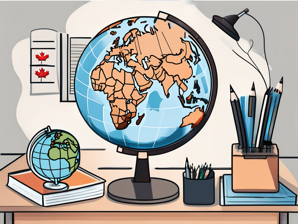 A teacher's desk with a globe highlighting canada