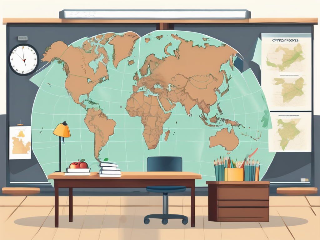 A classroom setting with a global map highlighting cyprus