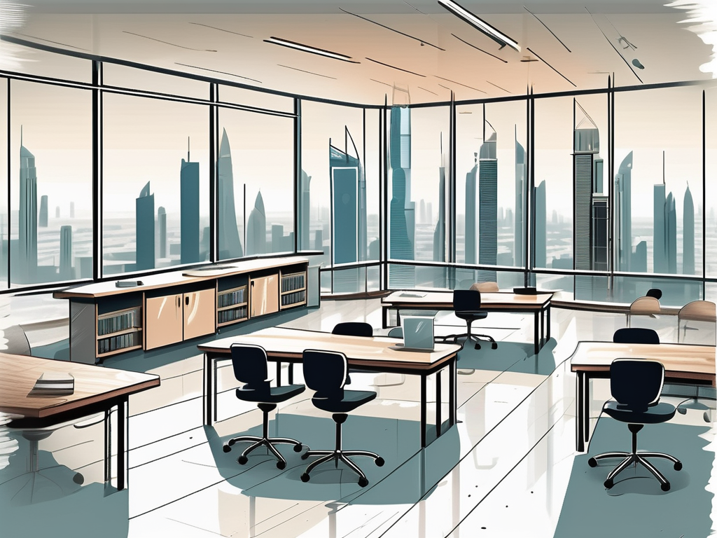A classroom setting in a modern dubai skyscraper with various teaching tools and elements