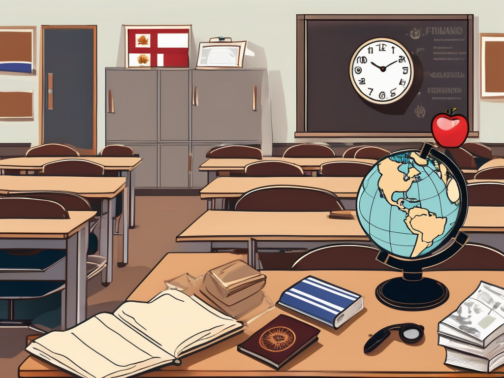A classroom setting with an empty teacher's desk