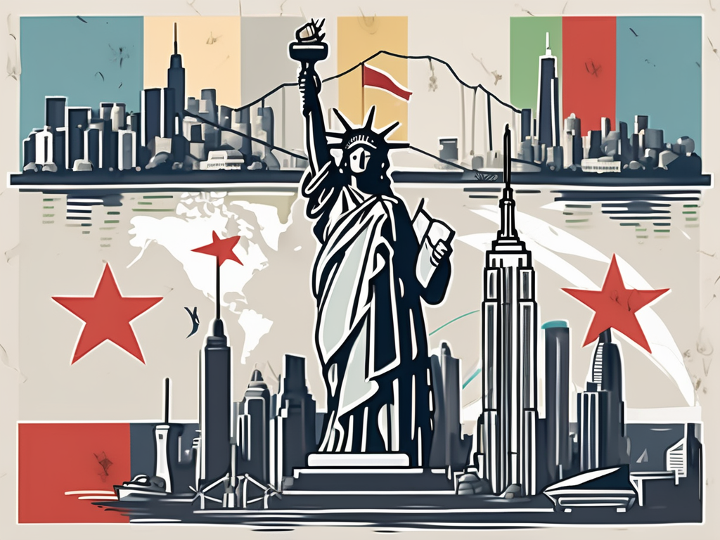 A variety of international flags planted on a stylized map of new york