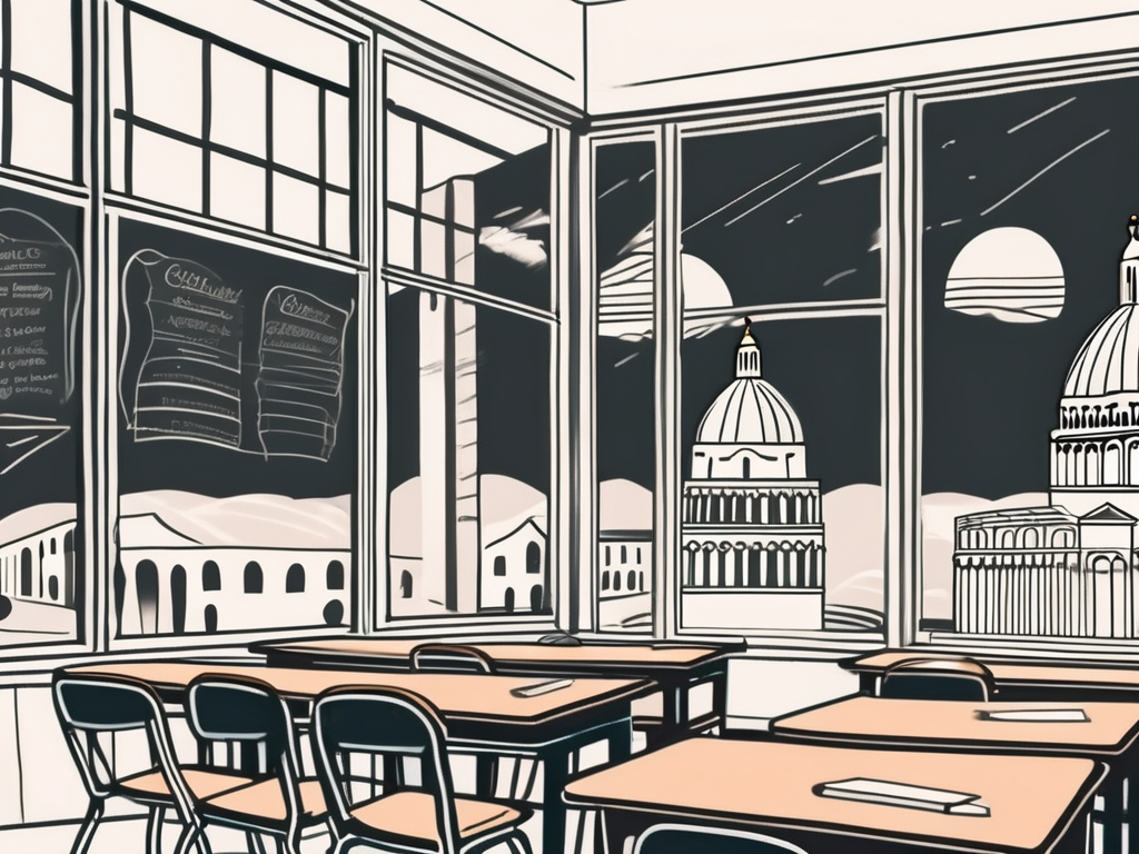 An italian classroom setting with a chalkboard