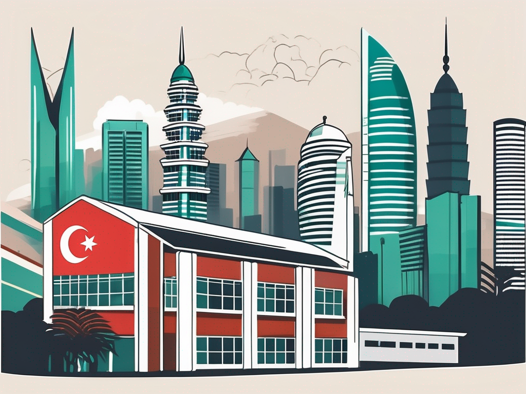 A school building with an international flag montage in the backdrop