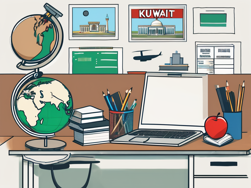 A teacher's desk with a globe showcasing kuwait