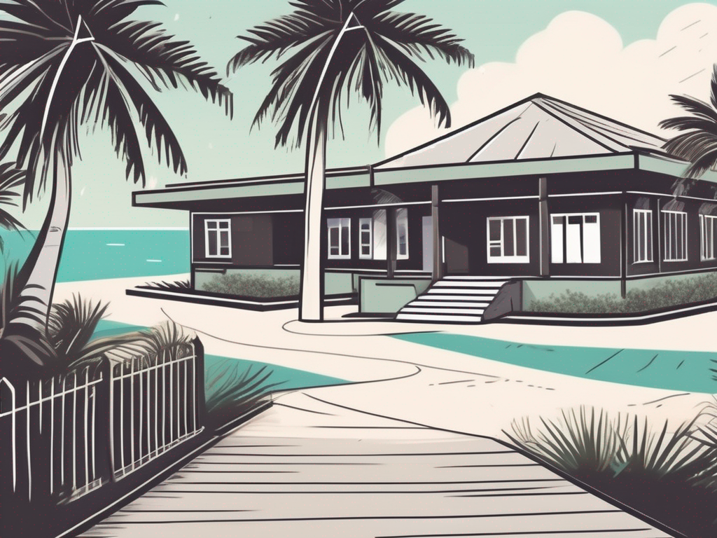 A tropical maldivian school building surrounded by palm trees