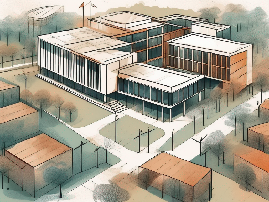 A variety of international school buildings in mexico with a symbolic representation of eight different paths leading towards them