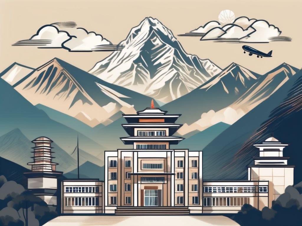 A few international school buildings nestled among the towering himalayan mountains of nepal