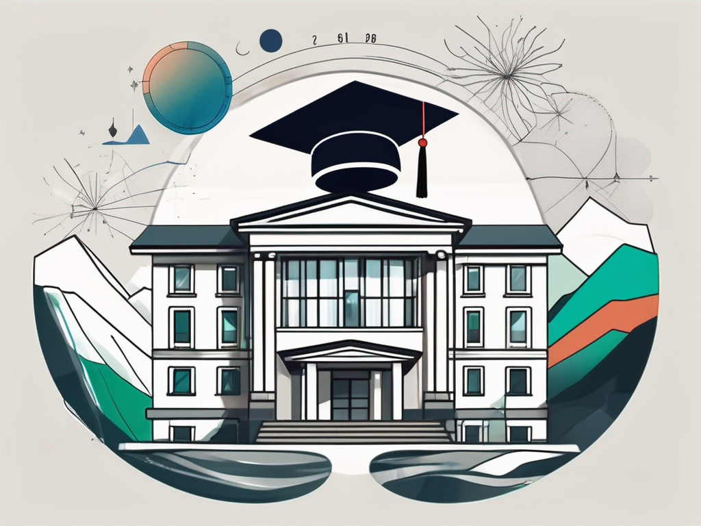 A norwegian international school building surrounded by iconic norwegian elements such as fjords and northern lights