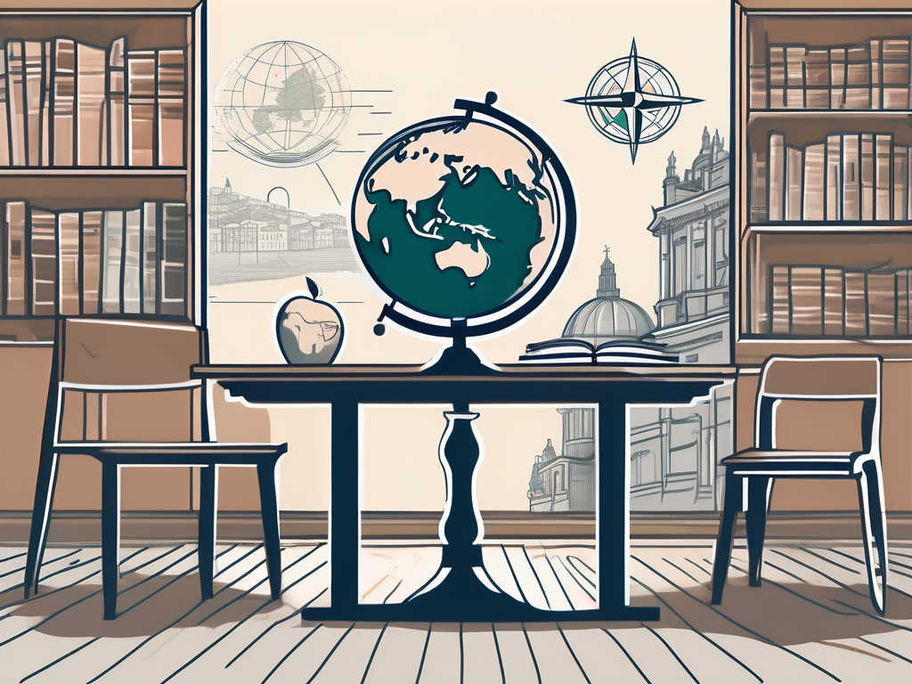 A classroom setting with a view of iconic portuguese landmarks in the background