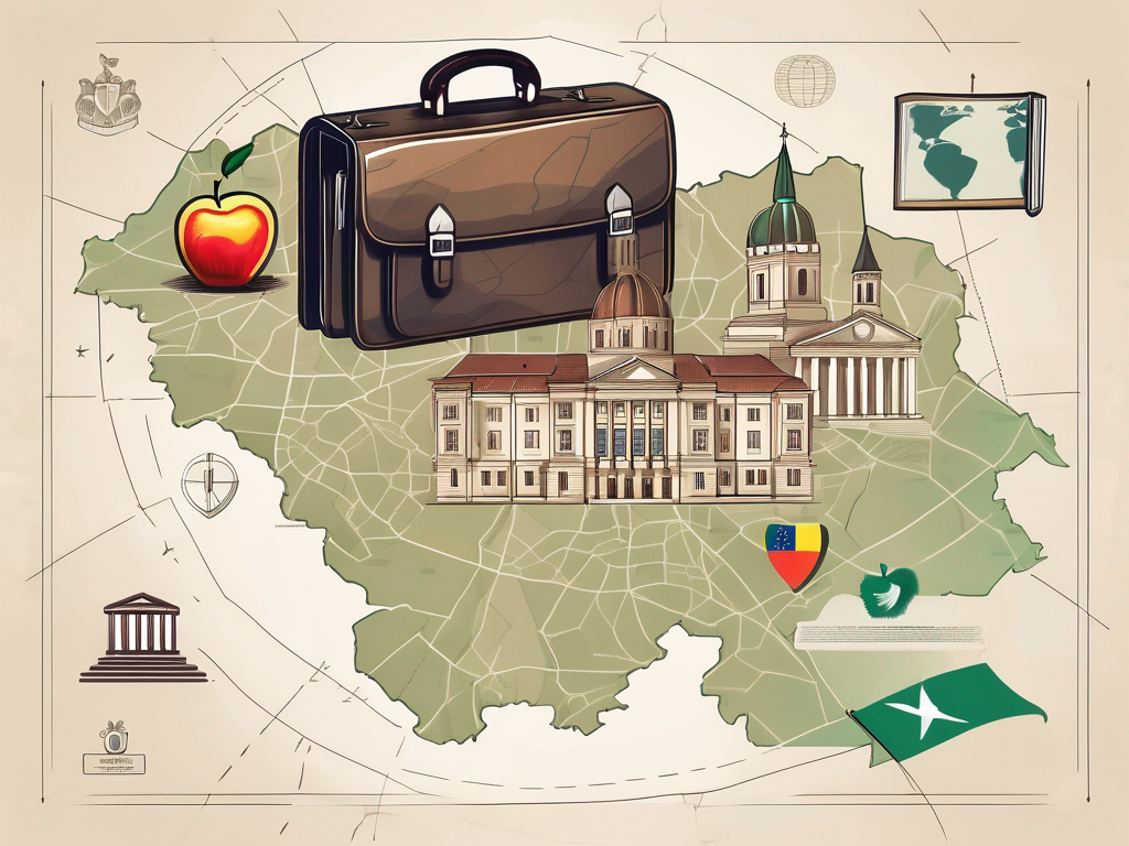 A map of romania with symbolic icons representing top international schools