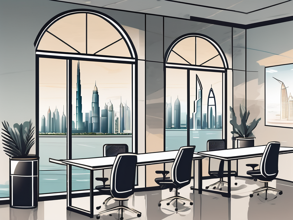 A classroom setting with a view of the iconic dubai skyline