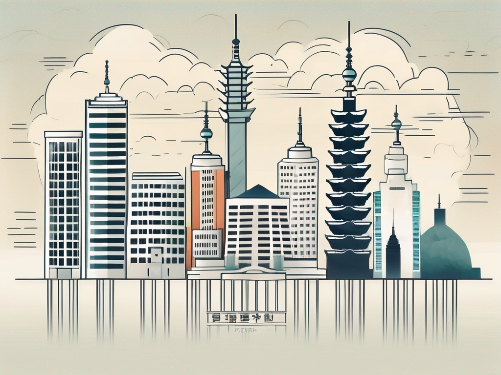 A symbolic representation of taipei's skyline with seven keys hovering above it