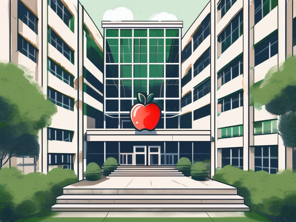A school building with an international flag display in the foreground