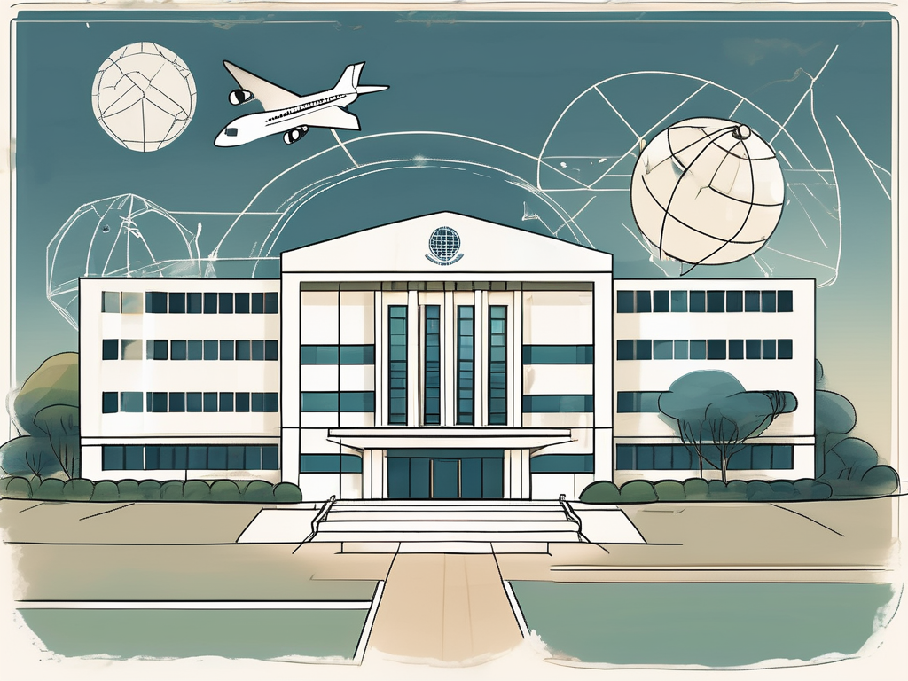 A top-tier south korean international school building with six symbolic elements like a key