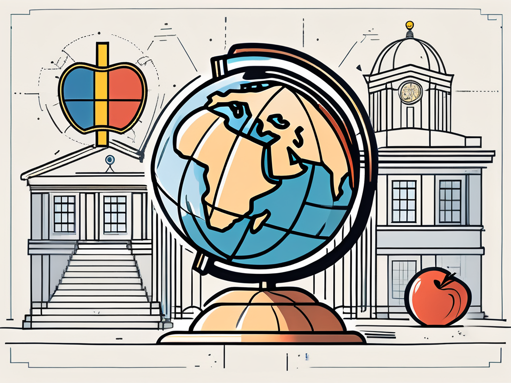 A swedish school building with a globe in the background
