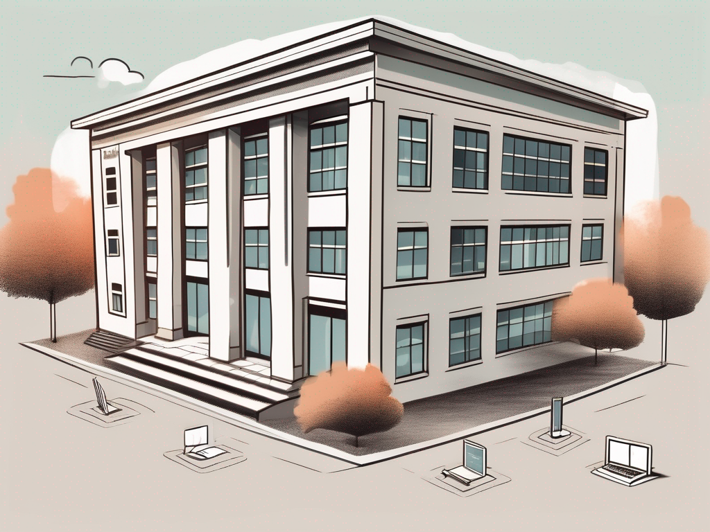 A swiss school building with seven keys floating around it