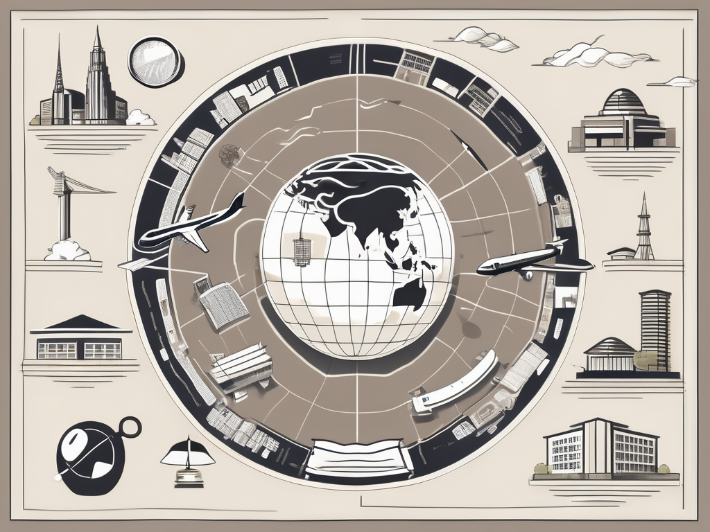 A collection of eight symbolic items (like a globe