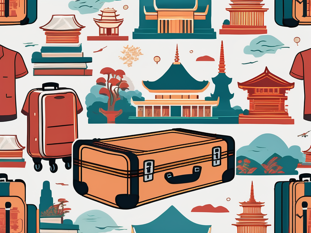 A suitcase decorated with education-related symbols