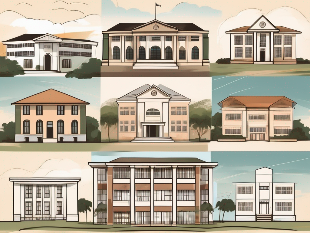 Six different school buildings representing various architectural styles from around the world