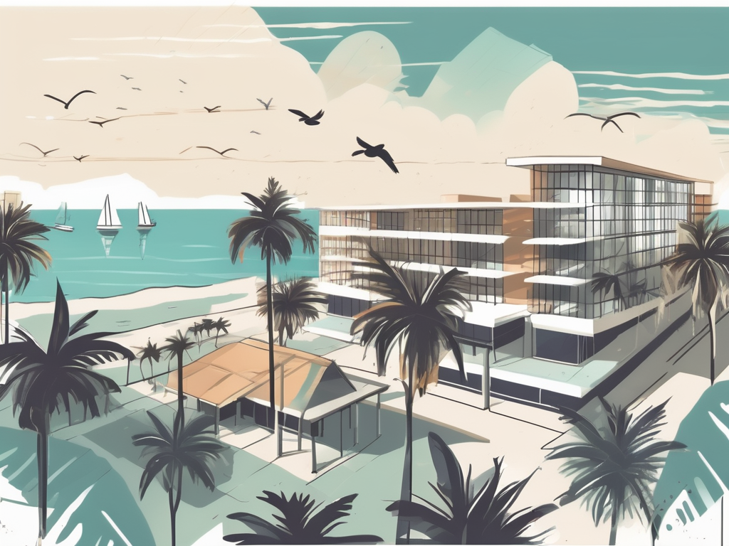 A picturesque cayman islands landscape with various international school buildings scattered around