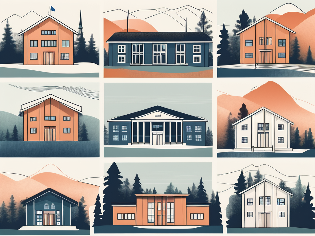 A diverse collection of nine stylized school buildings