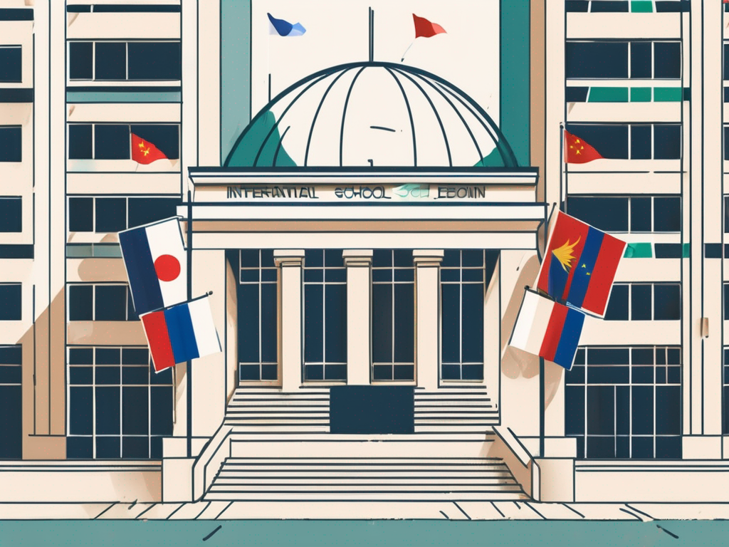 An international school building in ho chi minh city with various national flags fluttering around it