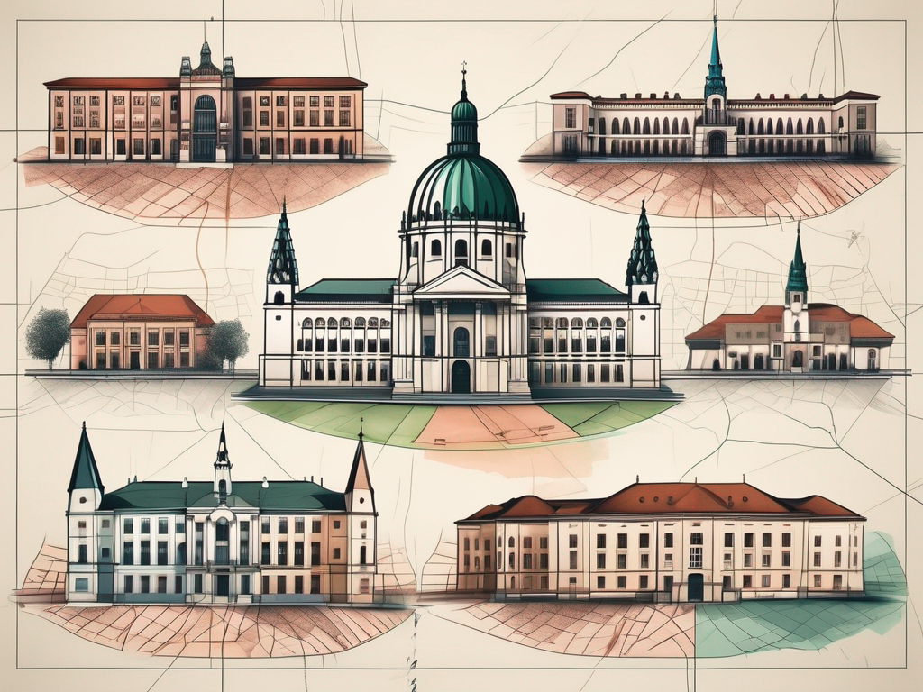 Eight different school buildings representing various architectural styles from around the world