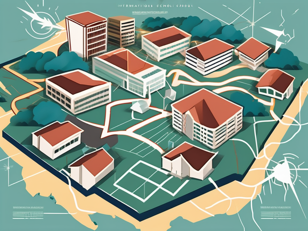 Various international school buildings scattered across a stylized map of the philippines