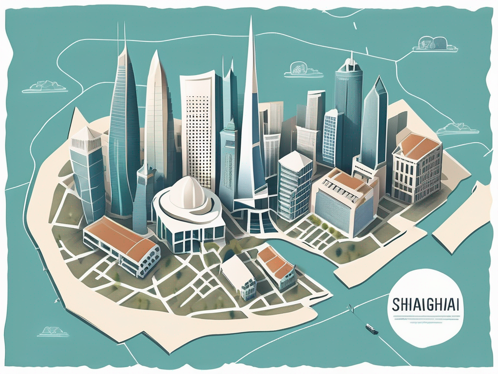 Various international school buildings scattered across a stylized map of shanghai