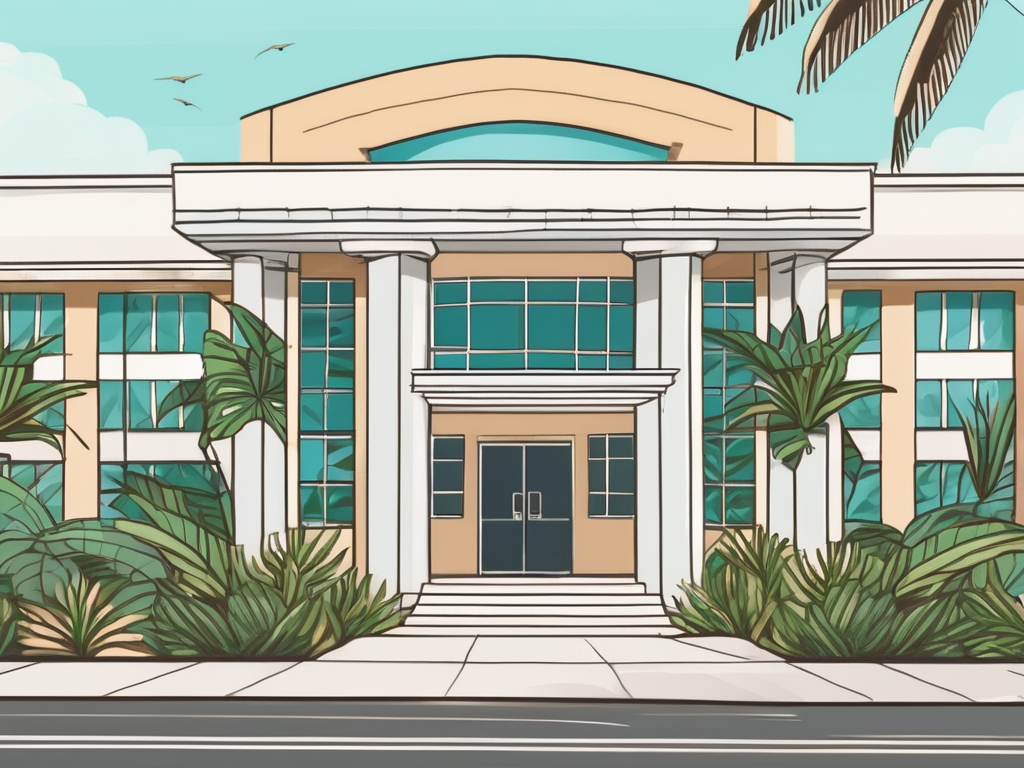 An international school building in barbados with a 'hiring now' sign on the entrance