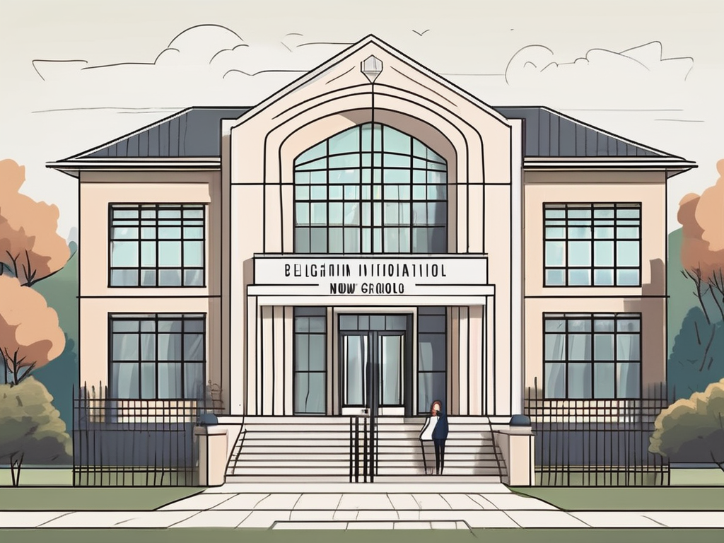 A belgian international school building with a "now hiring" sign on the front lawn