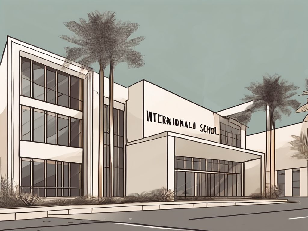 An international school building in abu dhabi with a "now hiring" sign on the front gate