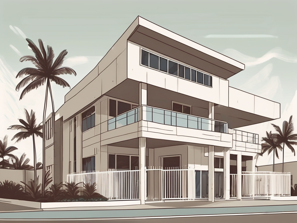 An international school building in the cayman islands with a "now hiring" sign hanging on the front gate