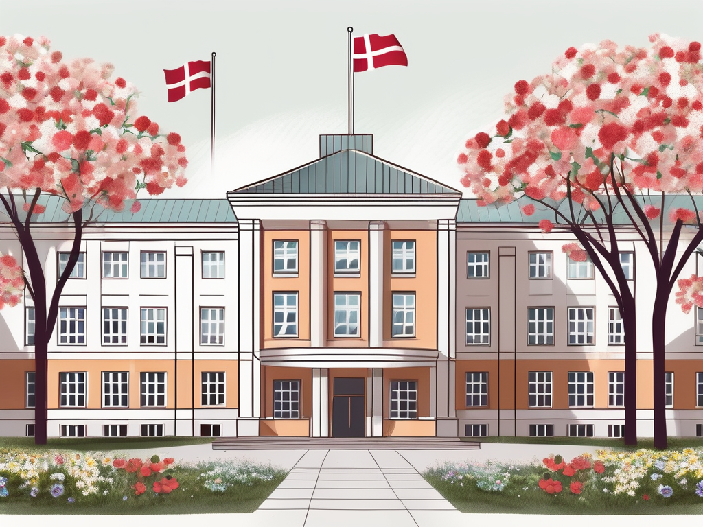 A danish international school building with flags from various countries
