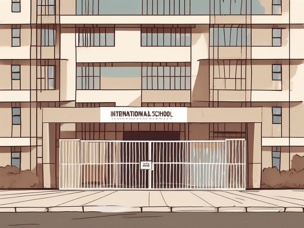 An international school building in ethiopia with a "now hiring" sign on its gate