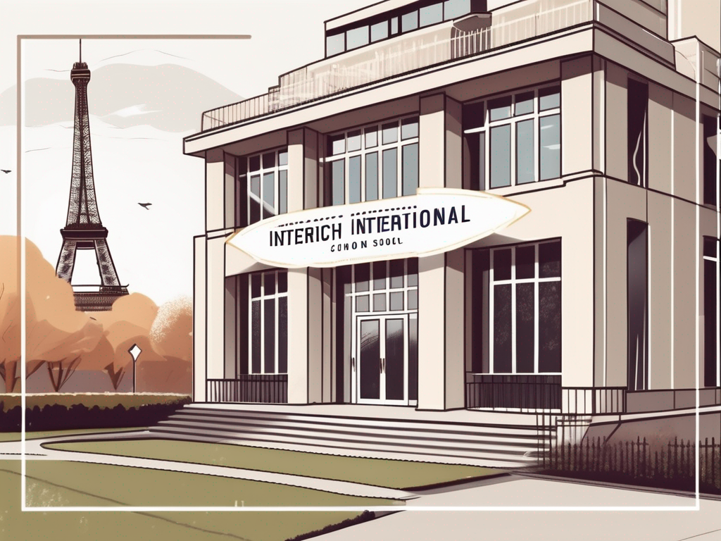 A french international school building with a "hiring" sign on the front lawn