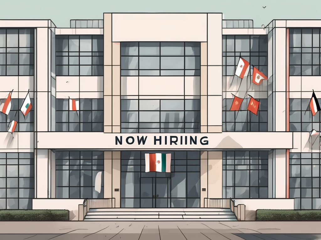 An international school building in guangzhou with a "now hiring" sign on the front