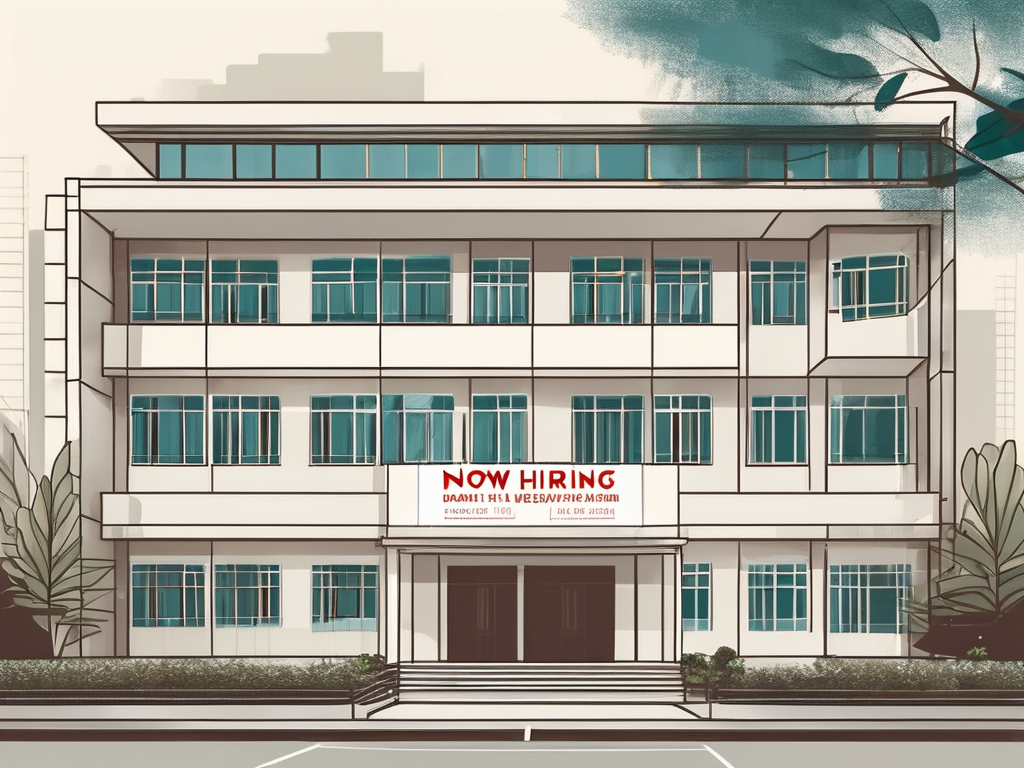 An international school building in ho chi minh city with a "now hiring" sign displayed prominently
