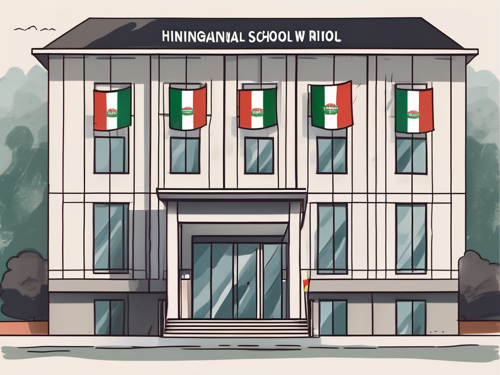 A hungarian international school building with a 'hiring now' sign on the front