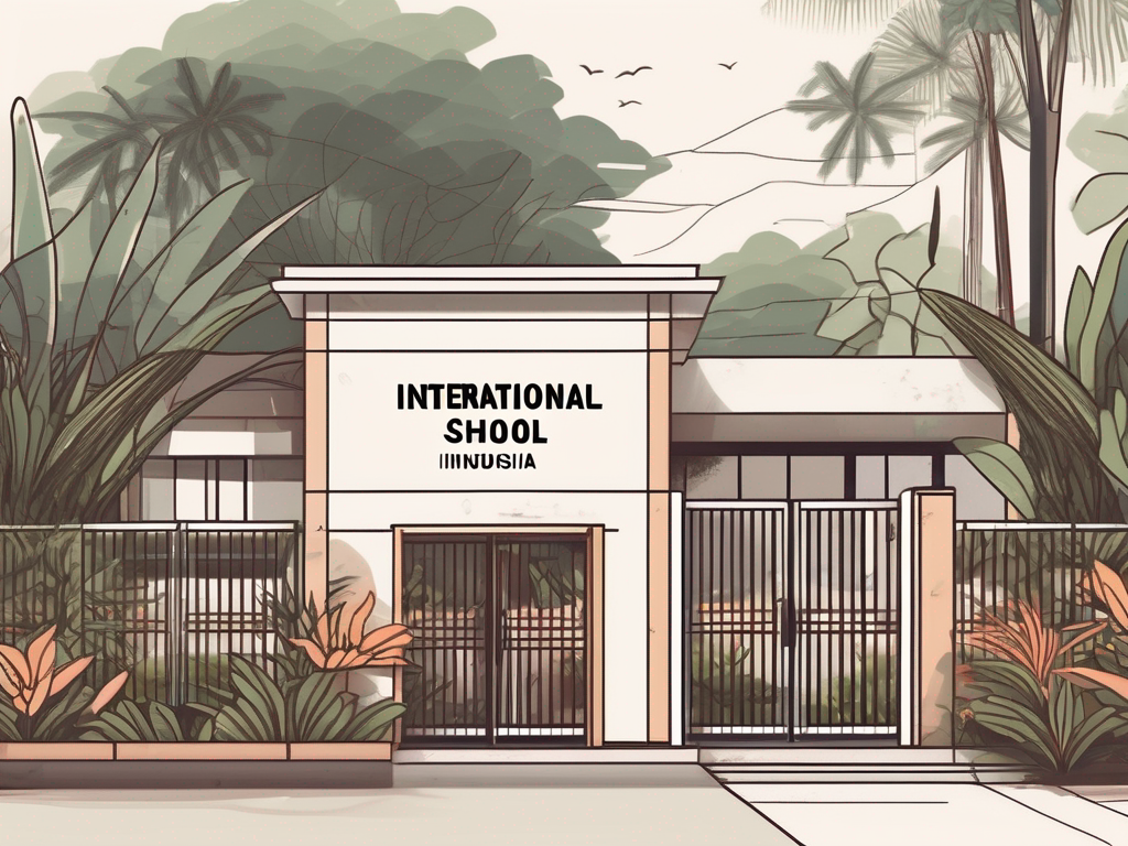 An international school building in indonesia with a "now hiring" sign on the gate
