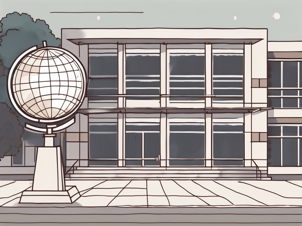 A japanese school building with a calendar and a globe in the background