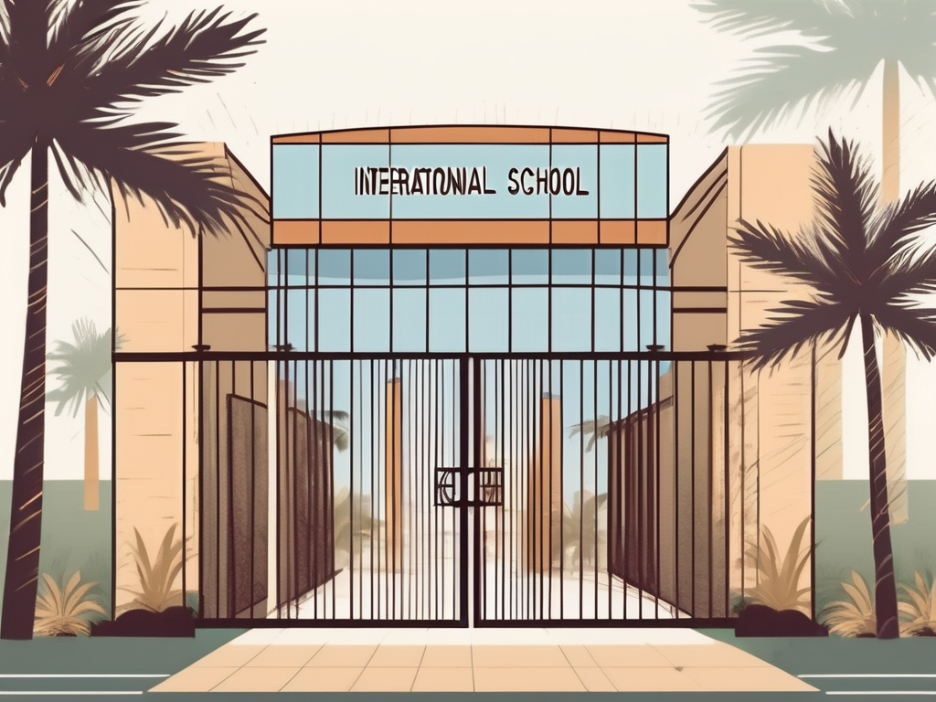 An international school building in kuwait with a 'hiring' sign hanging on the front gate
