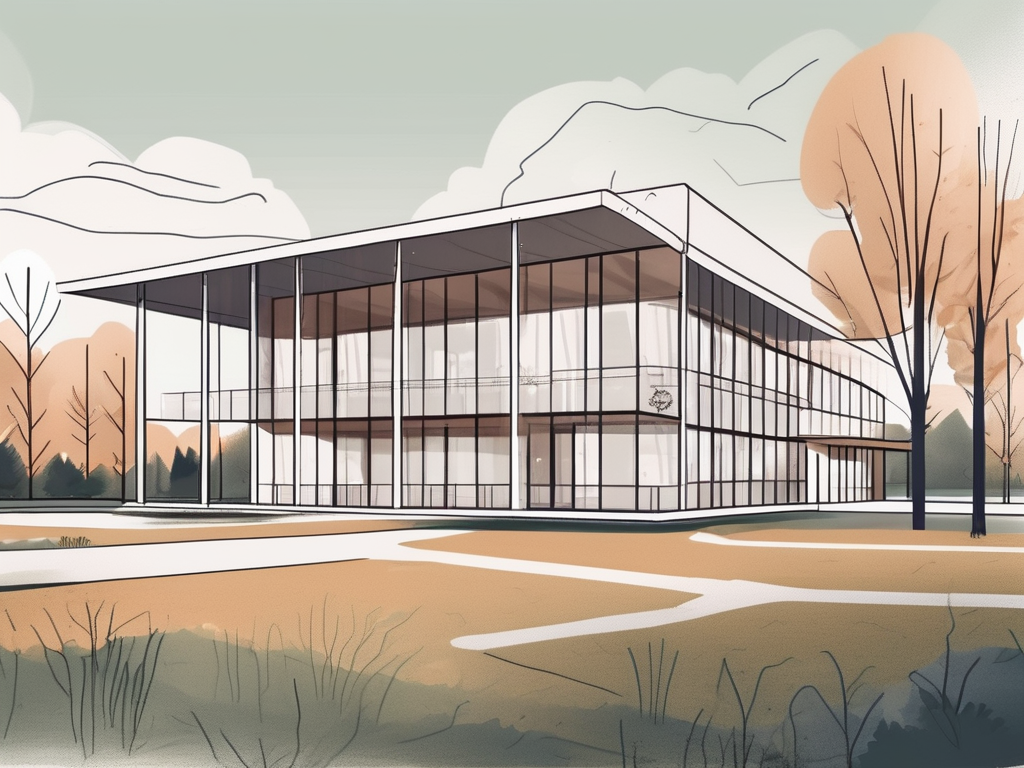 An international school building in latvia with a "now hiring" sign on the front lawn