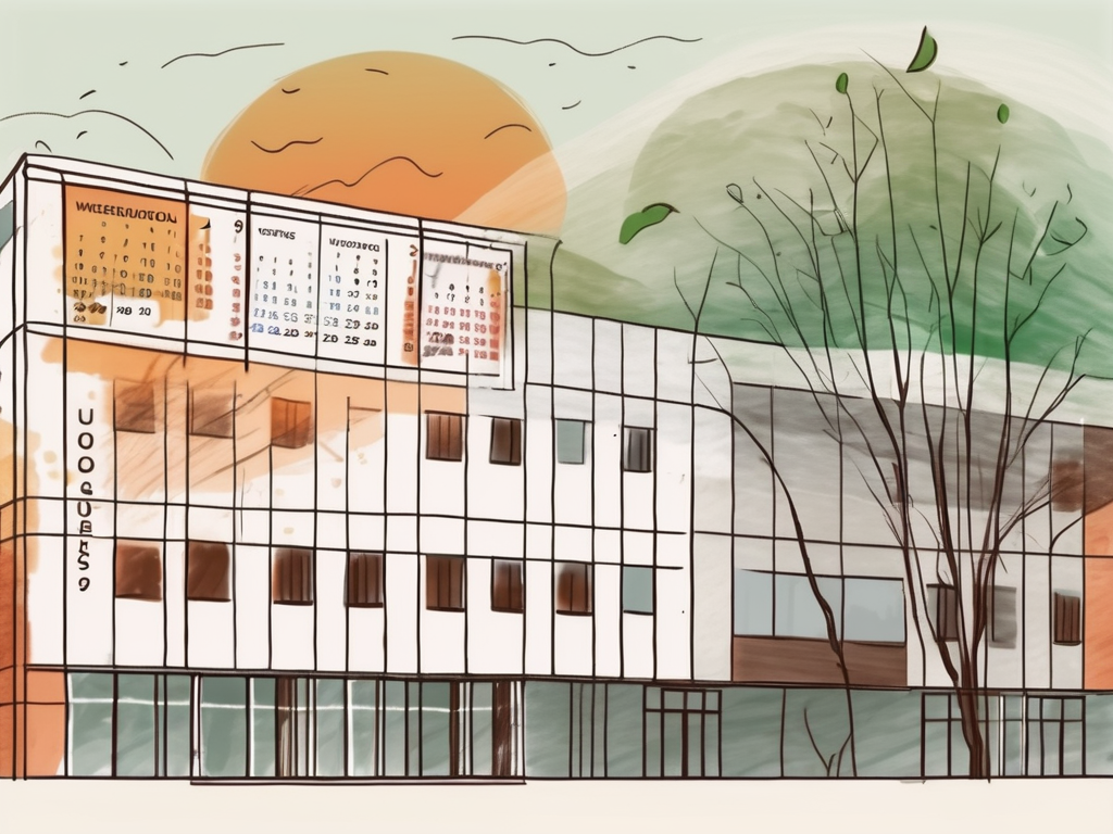 An international school building in mexico with a calendar showing different seasons in the background