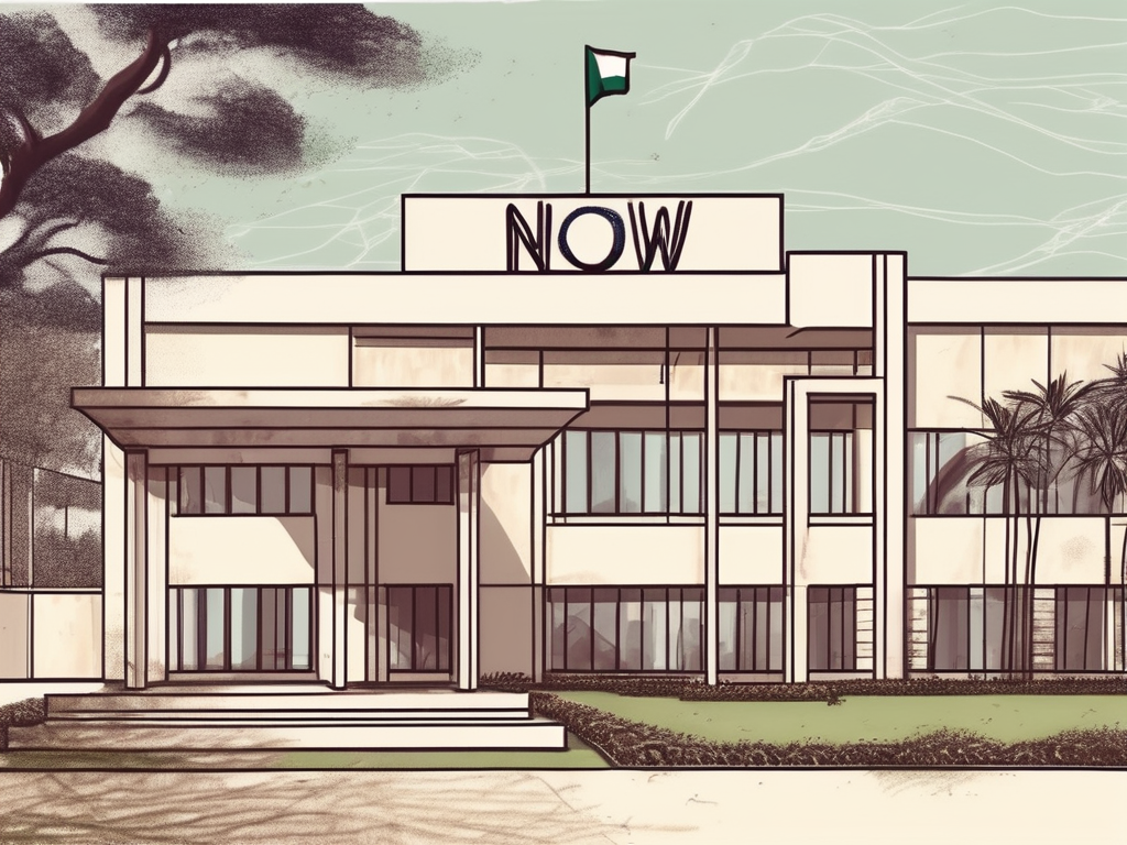 An international school building in nigeria with a "now hiring" sign on the front lawn