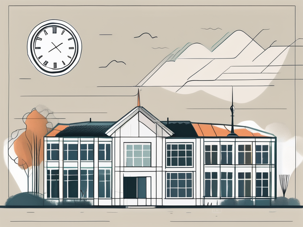 A dutch landscape featuring a few international school buildings with a calendar and a clock